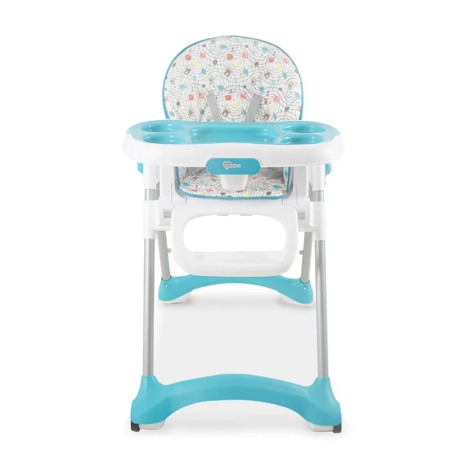Children's high chair with blue base and seat cover on a white background
