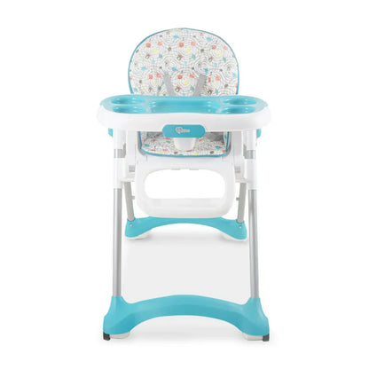 Children's high chair with blue base and seat cover on a white background