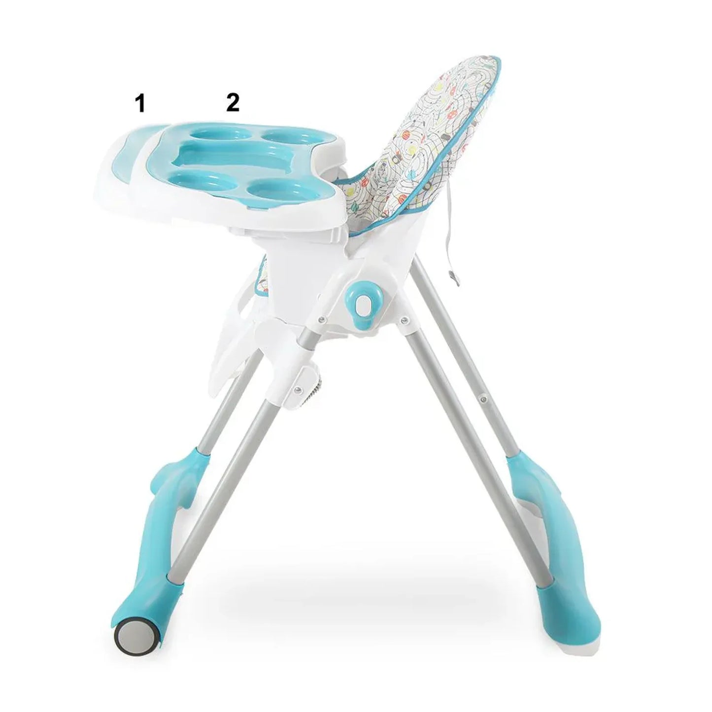 Baby high chair with blue accents on a white background