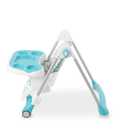 Baby swing with blue seat and white frame on a white background