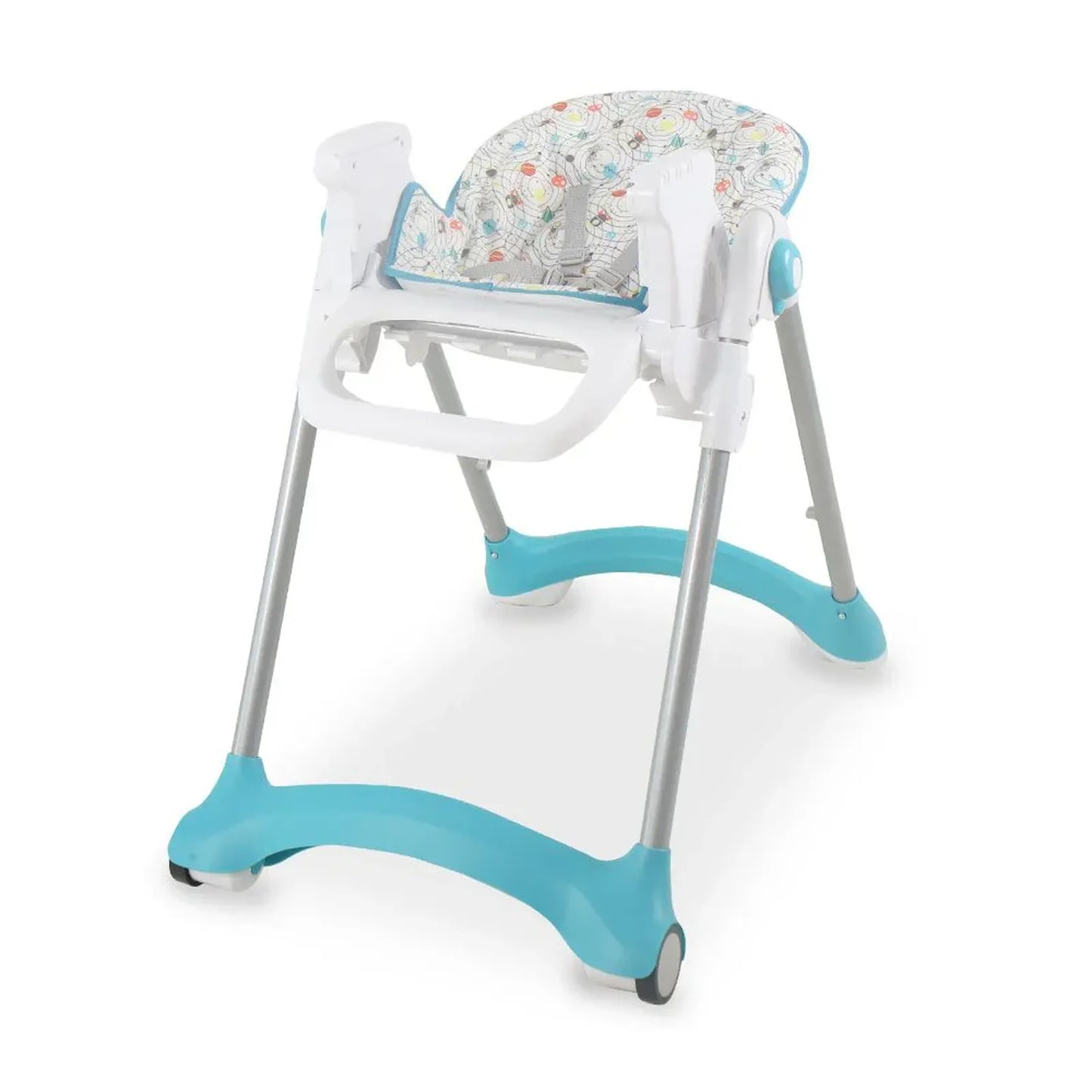 Baby high chair with floral patterned cushion on a white background