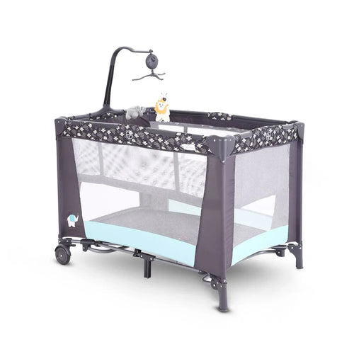 Baby playpen with crib mattress and mobile on a white background