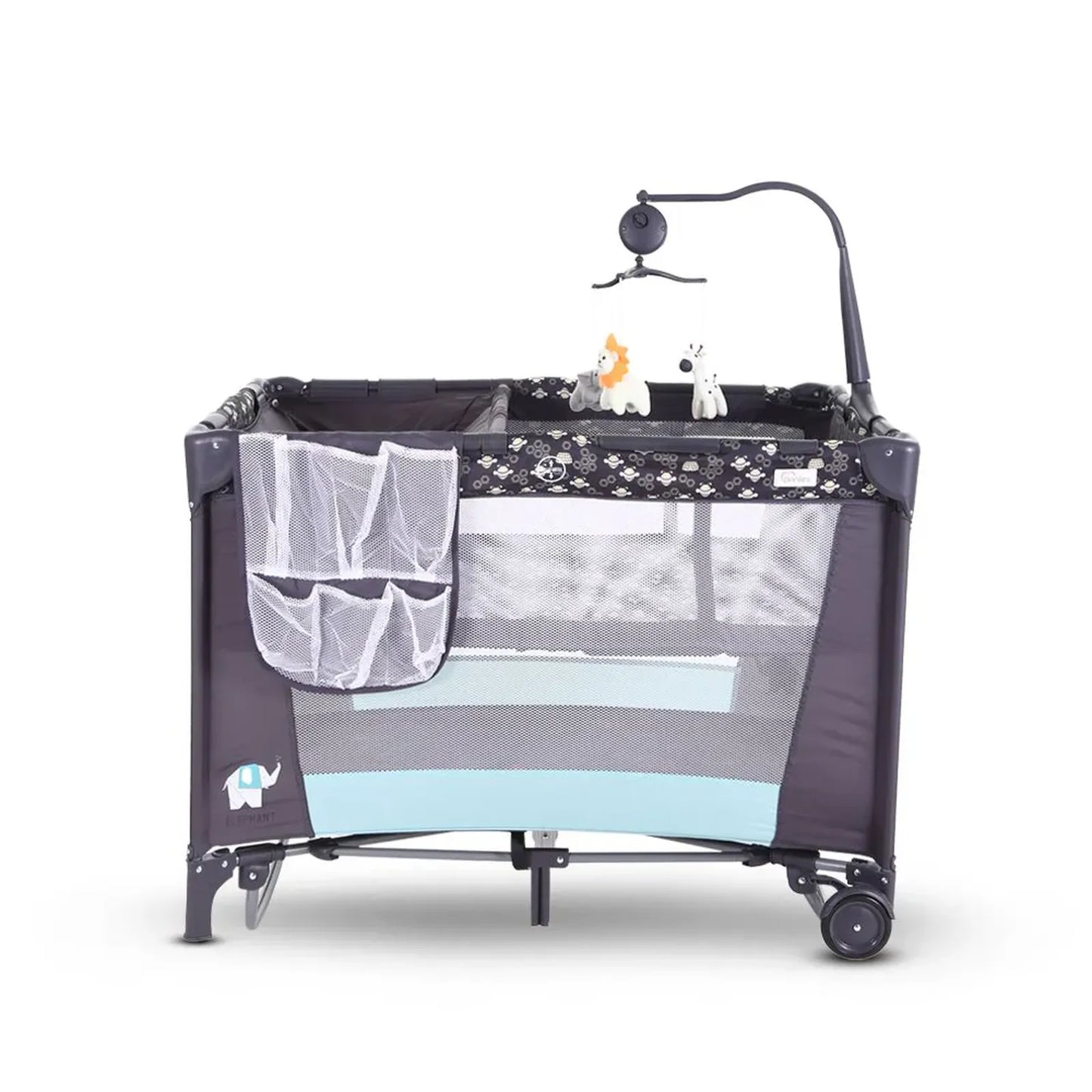 Baby playpen with toys and a hanging toy on a white background