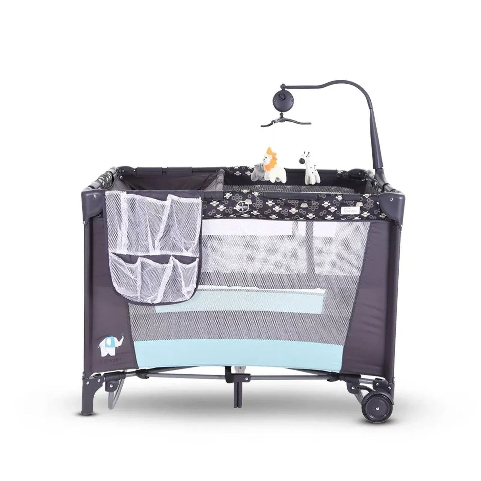 Baby playpen with toys and a hanging toy on a white background