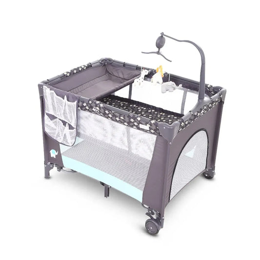 Baby playpen with crib mattress, canopy, and mobile on a white background