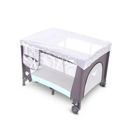 Portable crib with a clear mesh side on a white background