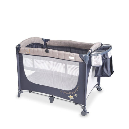Portable baby crib with gray and black design on a white background