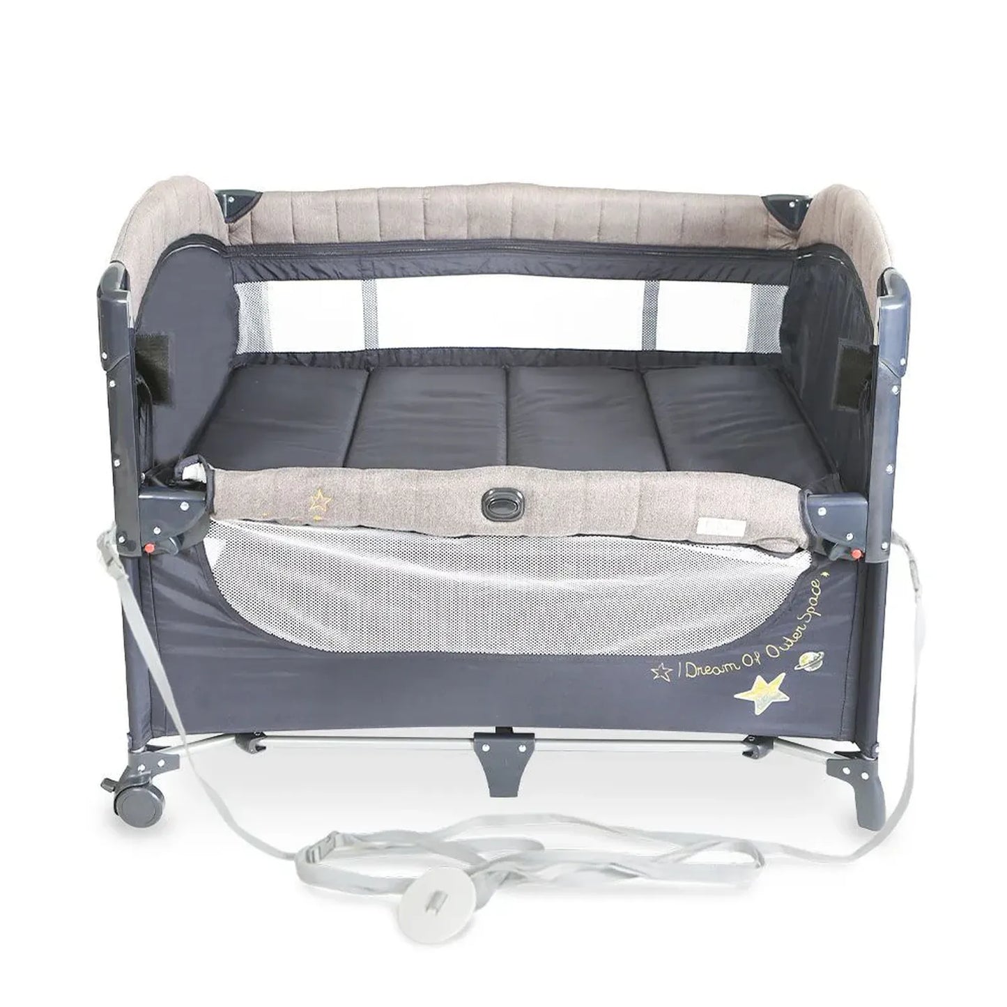 Portable baby crib with gray and beige design on a white background