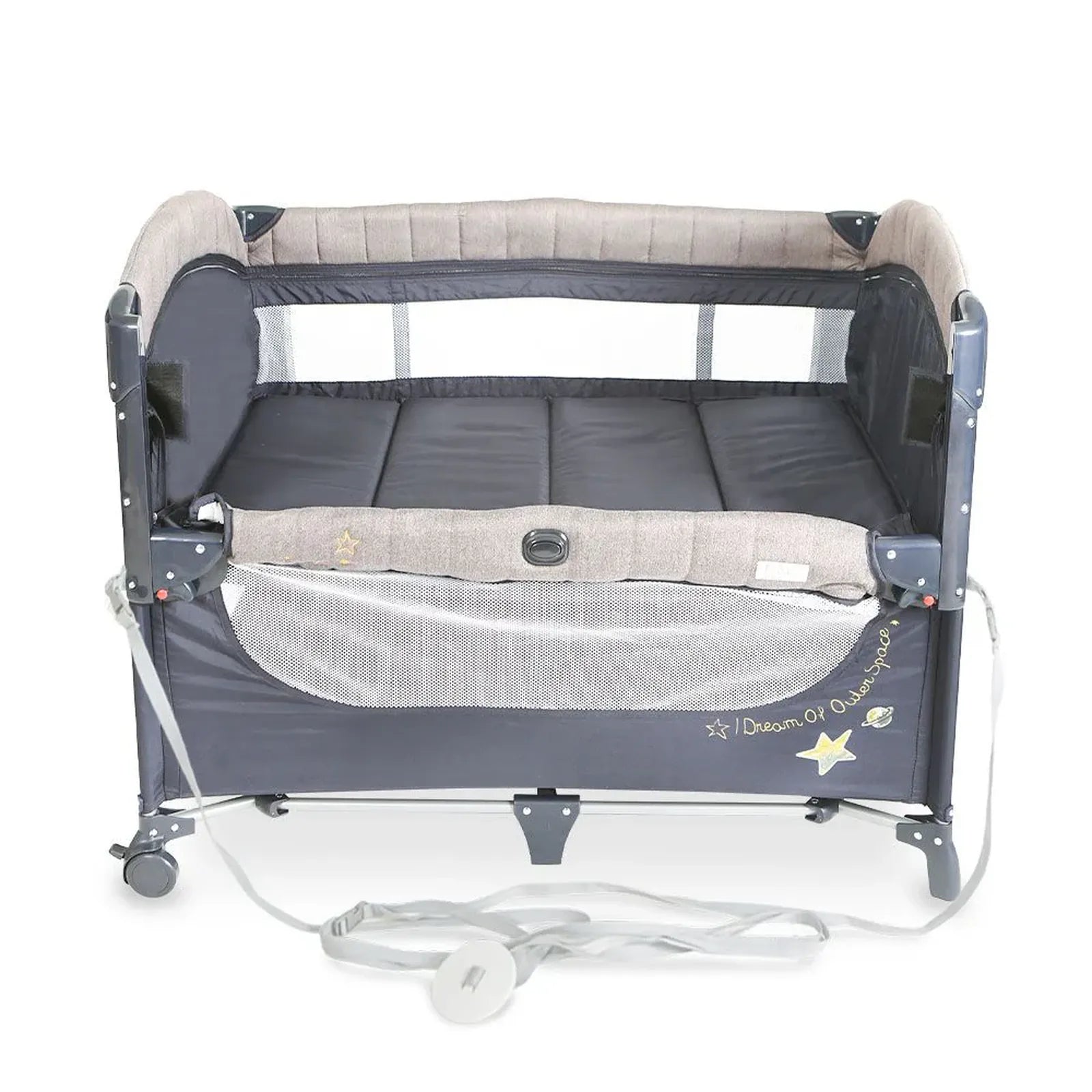 Portable baby crib with gray and beige design on a white background