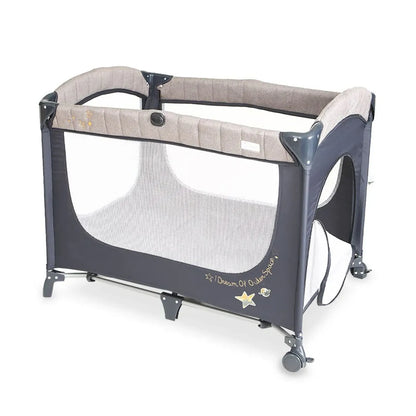 Portable baby crib with gray and beige design on a white background