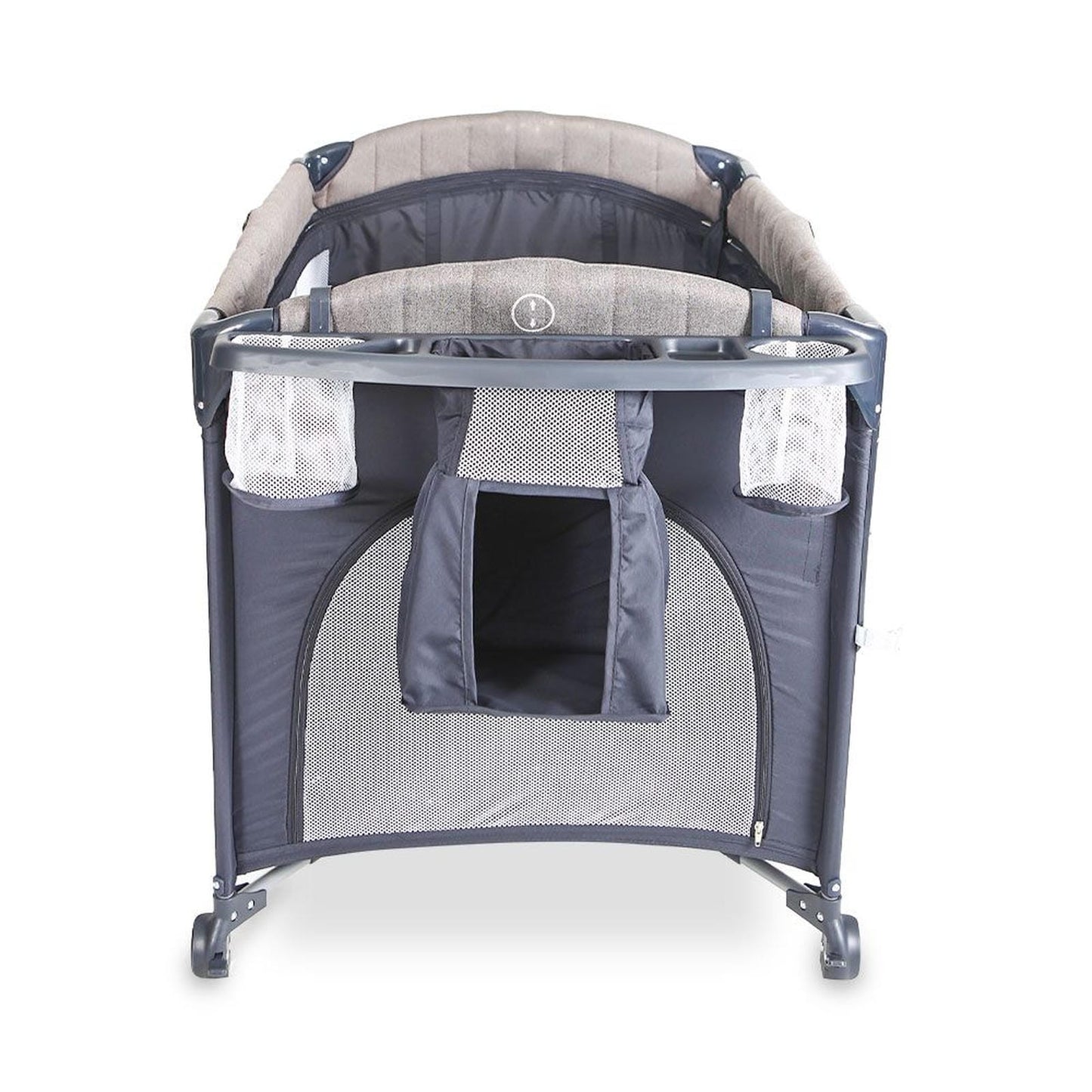 Portable baby crib with gray and beige design on a white background