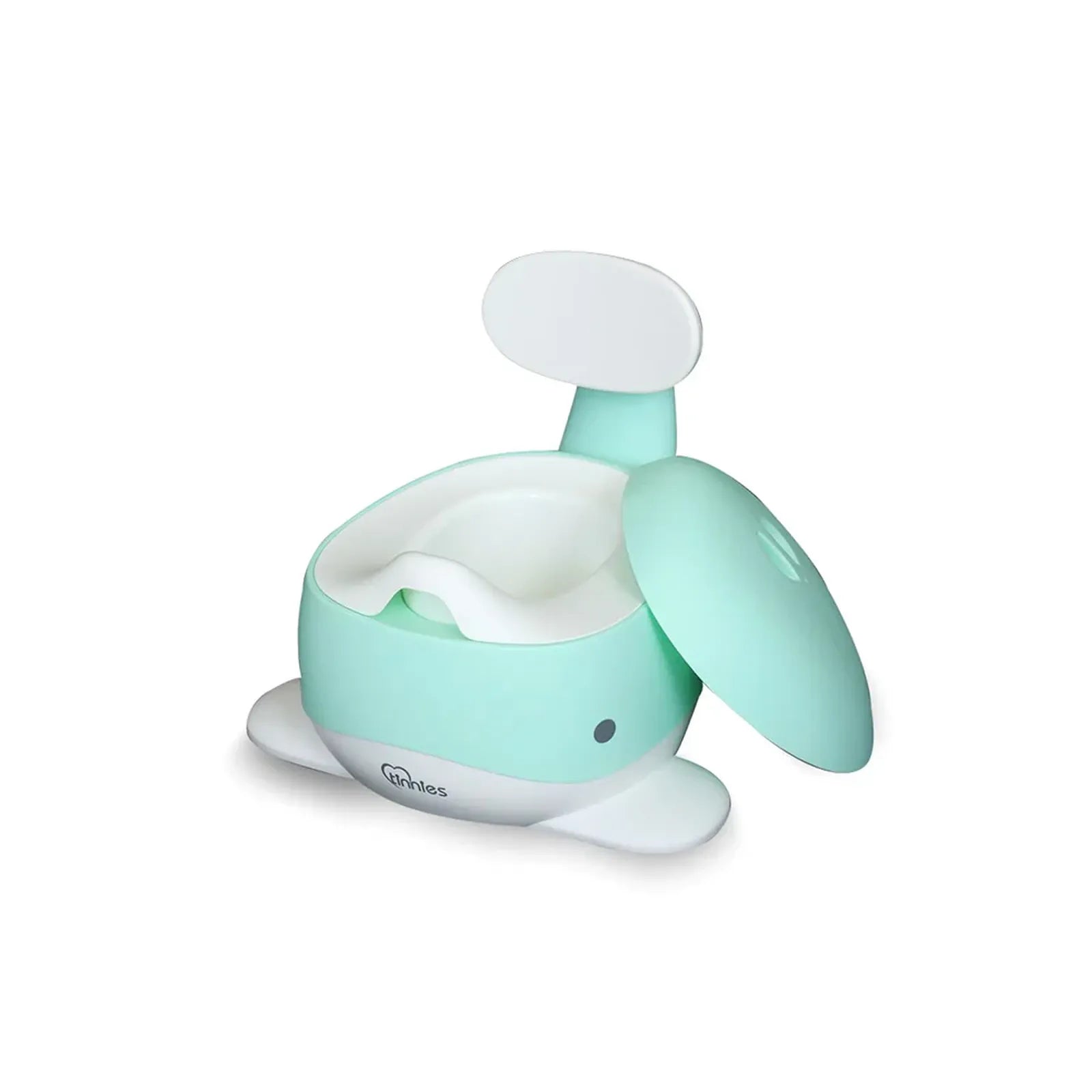 Mint green and white baby seat with a cartoonish design on a white background