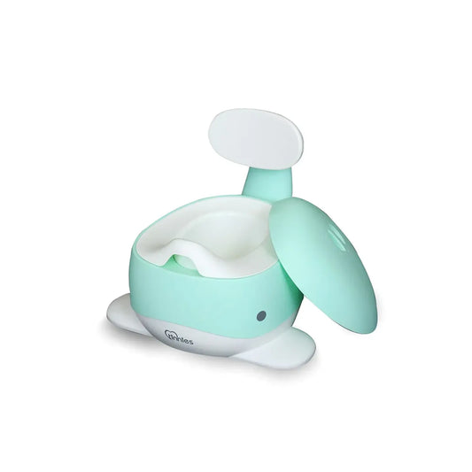 Mint green and white baby seat with a cartoonish design on a white background