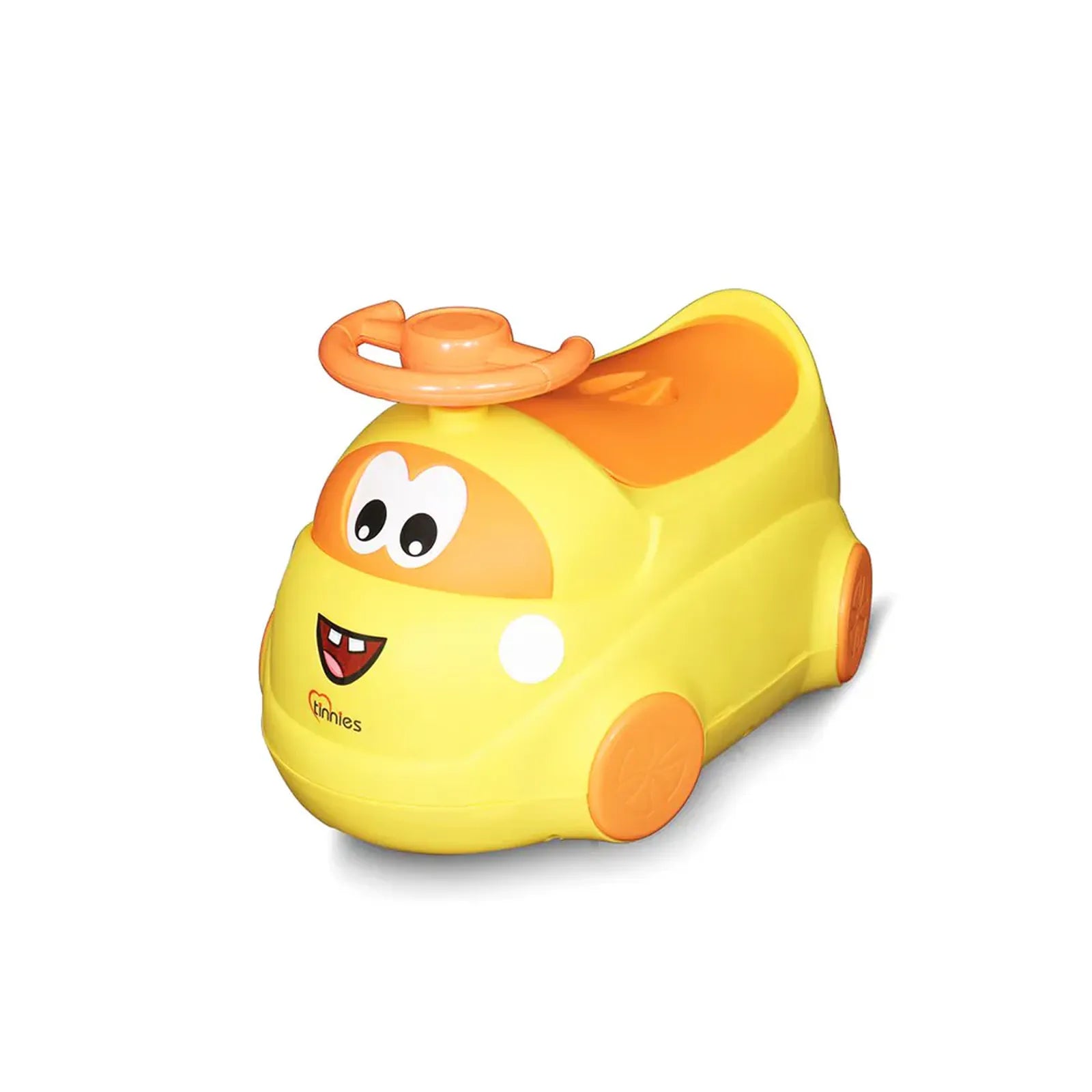 Yellow and orange toy car with a smiling face on a white background