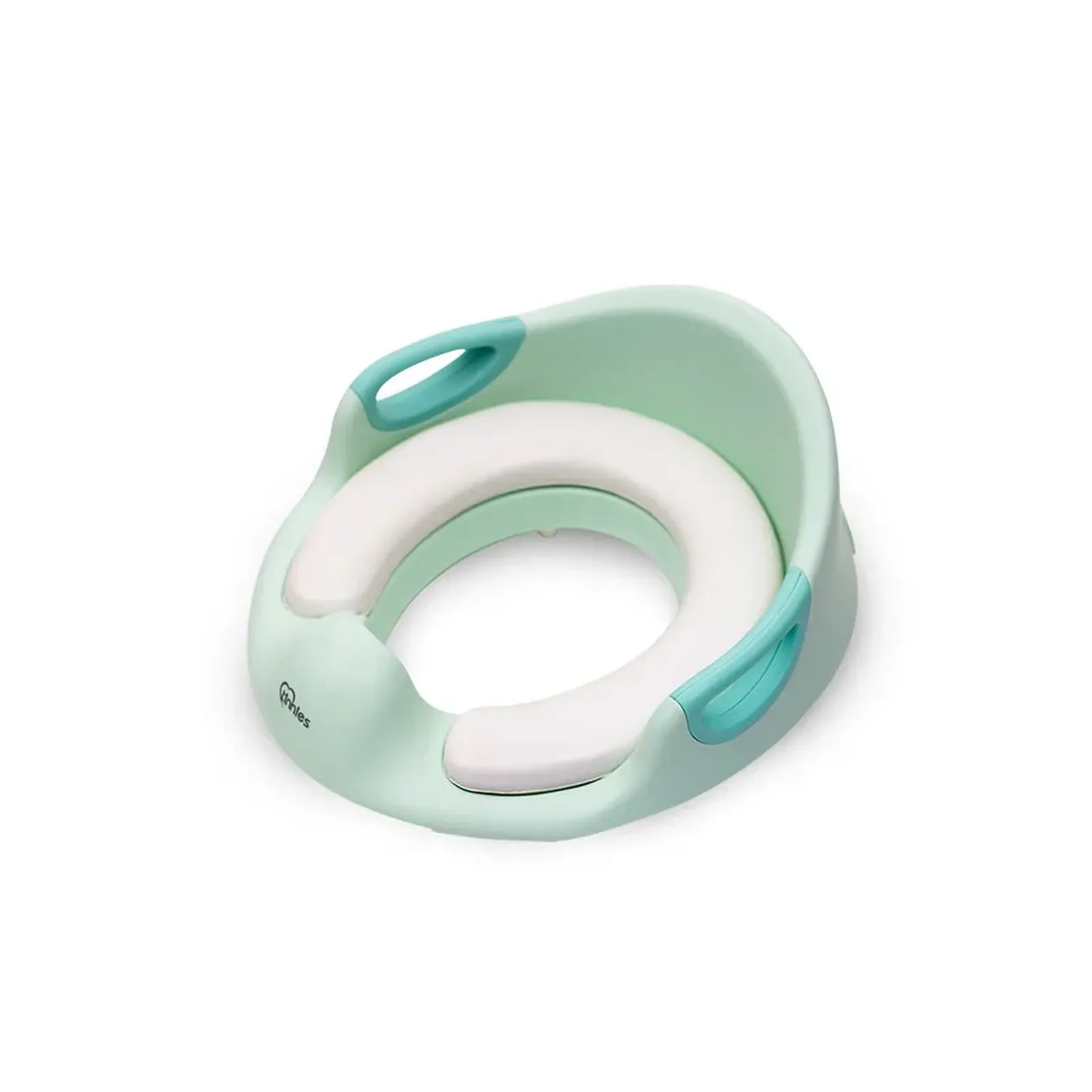 Children's potty seat with green and white design on a white background
