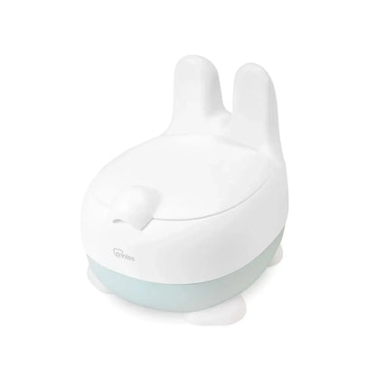 White and light blue electronic device shaped like a rabbit on a white background