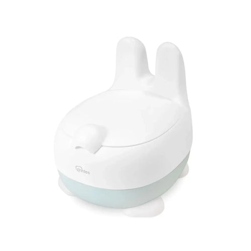 White and light blue electronic device shaped like a rabbit on a white background