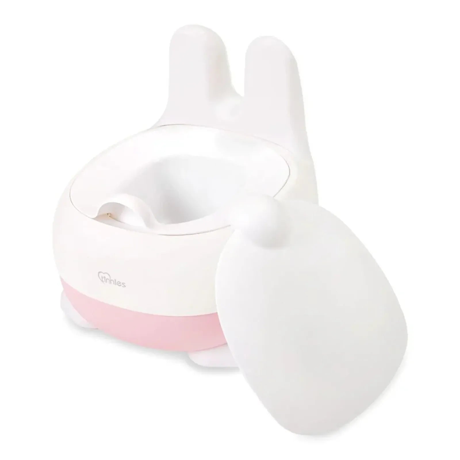 White and pink baby bottle with rabbit ears on a white background