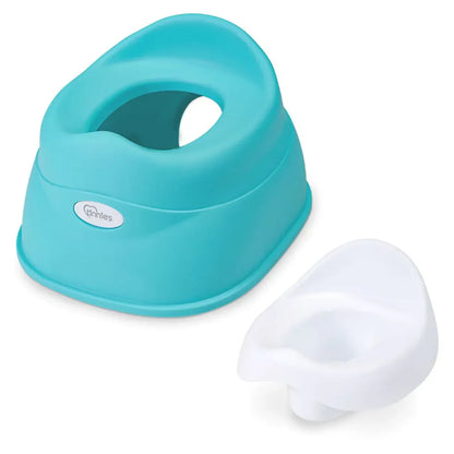 Turquoise potty chair with a white lid on a white background