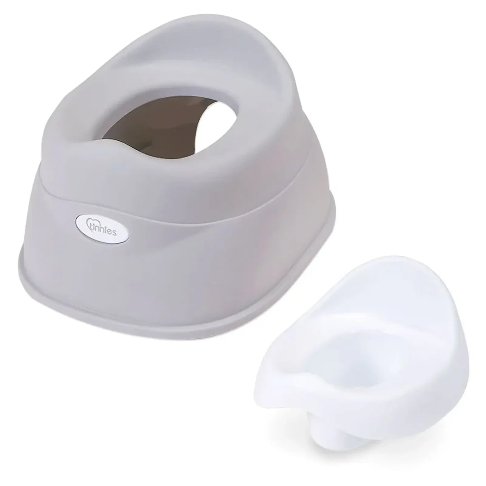 Gray and white potty training seat with a smaller white seat on a white background