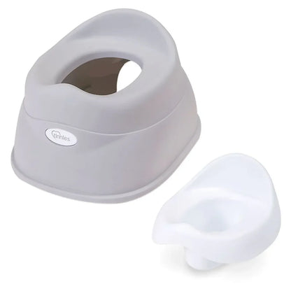 Gray and white potty training seat with a smaller white seat on a white background