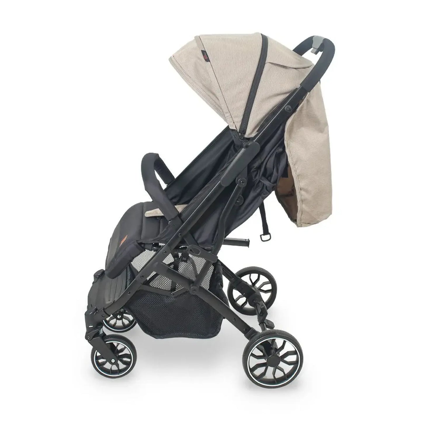 Black and beige stroller on a white background