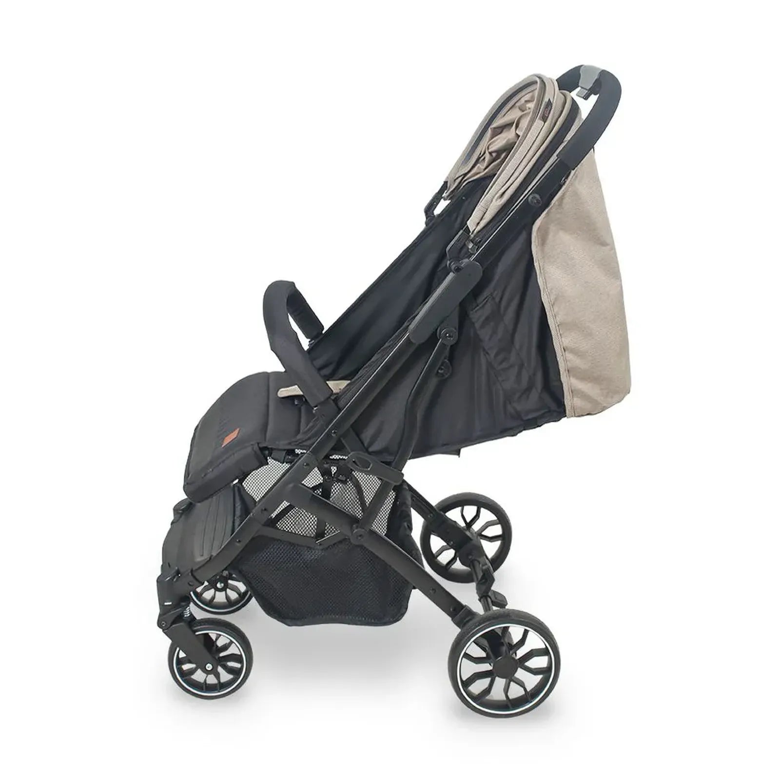 Black and beige stroller on a white background
