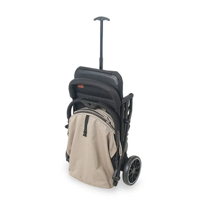 Stroller with beige backpack attachment on a white background