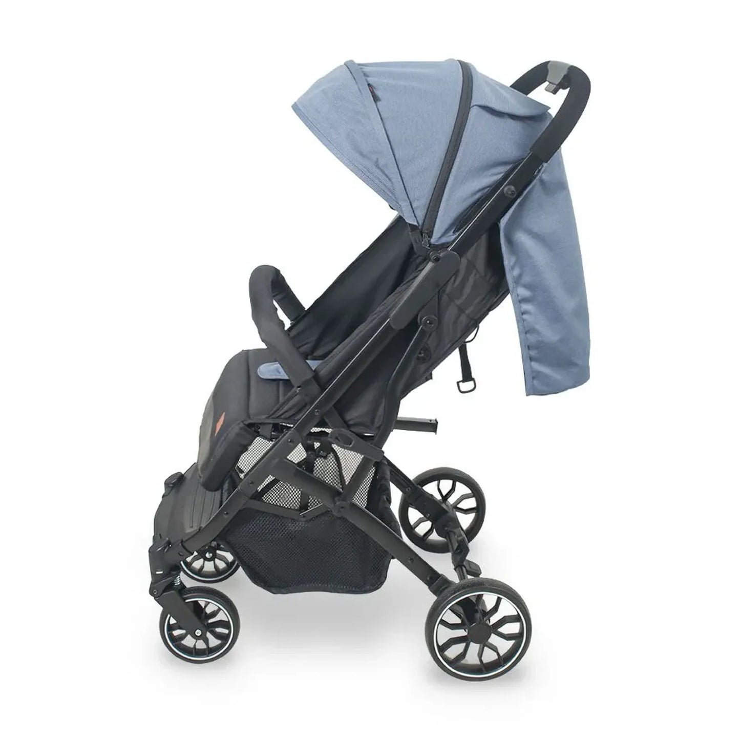 Black stroller with a blue canopy on a white background