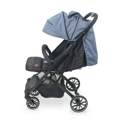 Black stroller with a blue canopy on a white background
