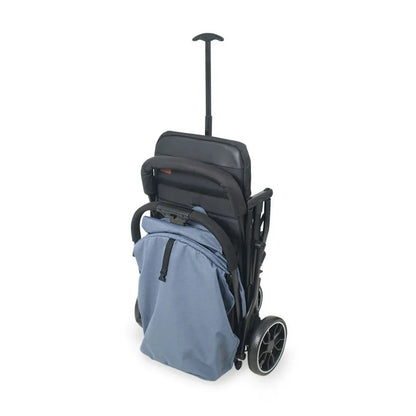 Black stroller with a blue bag attached on a white background