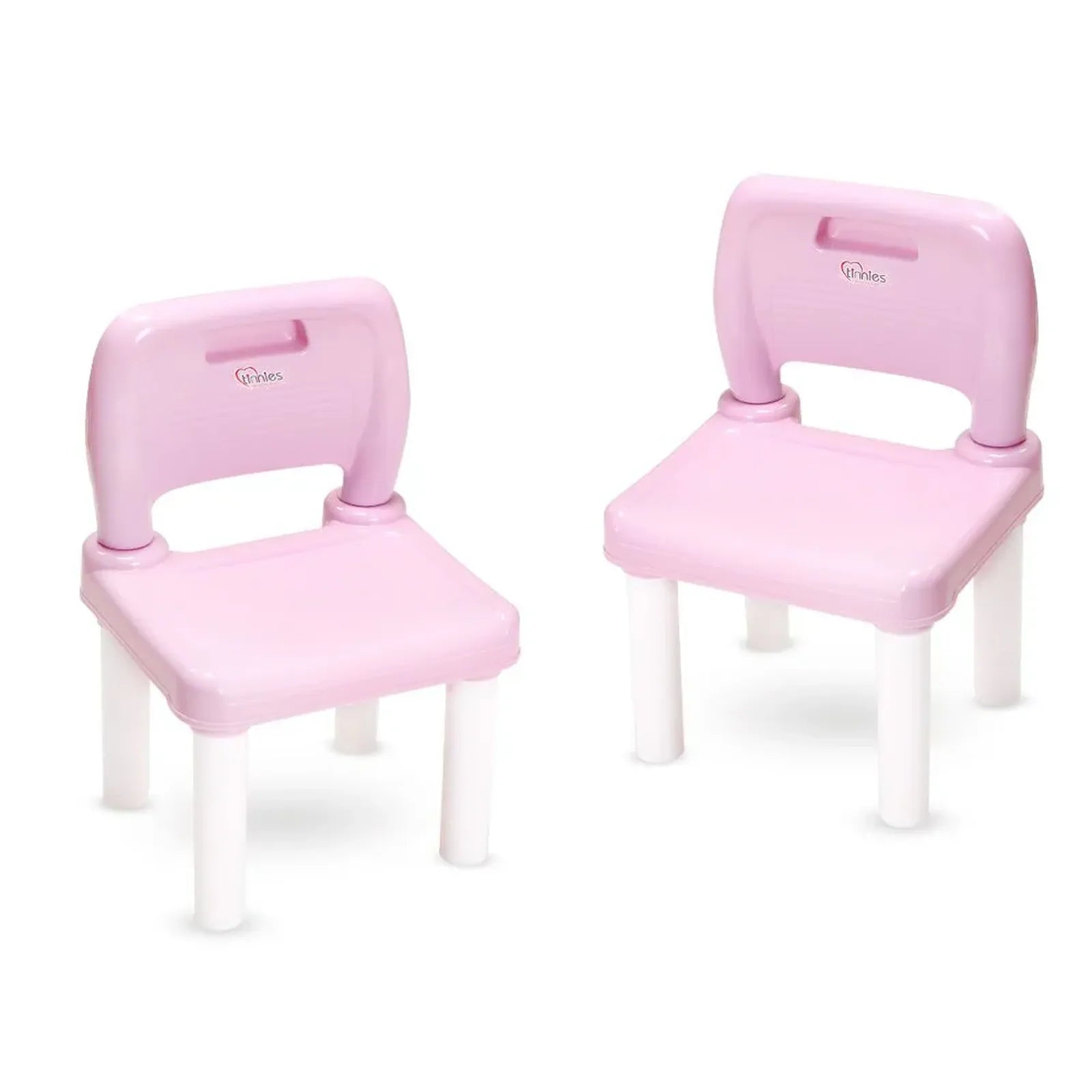 Two pink children's chairs with white legs on a white background