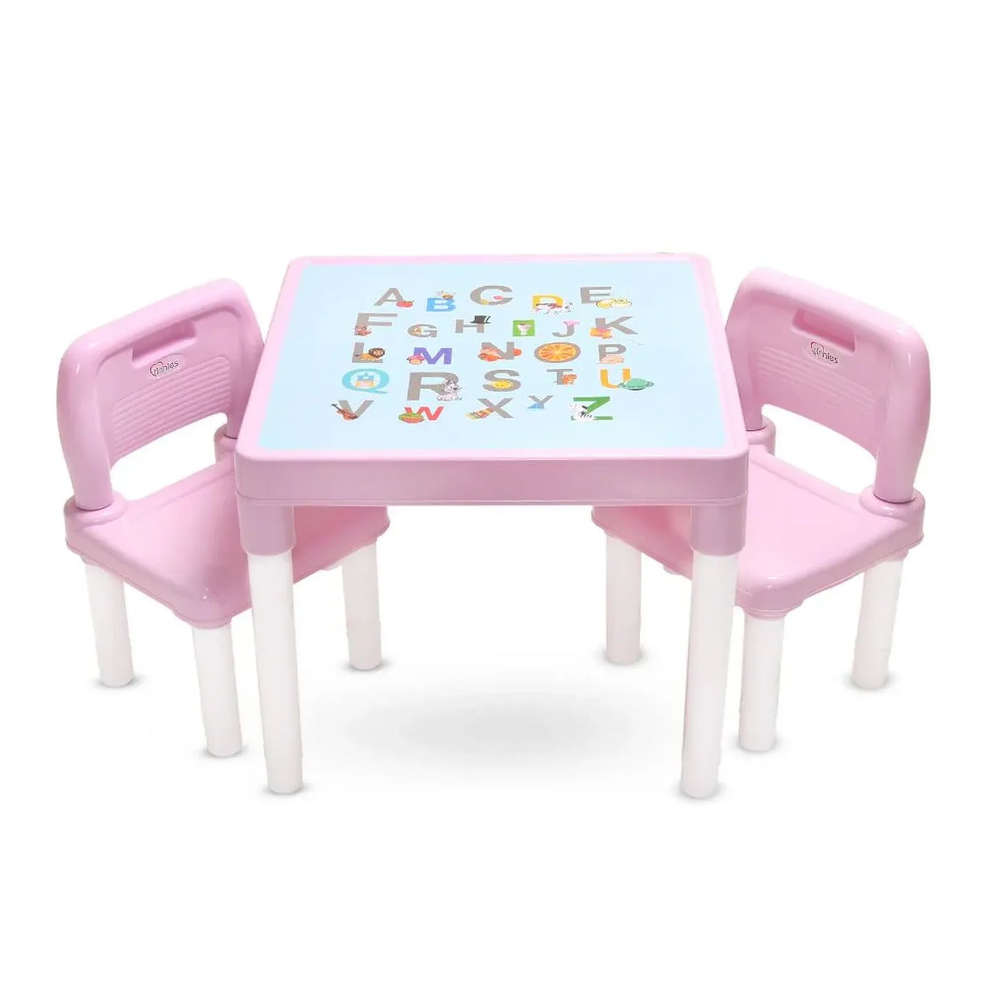 Pink children's table and chairs set with alphabet letters on the table