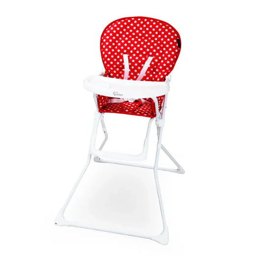 Red polka dot high chair with white base on a white background