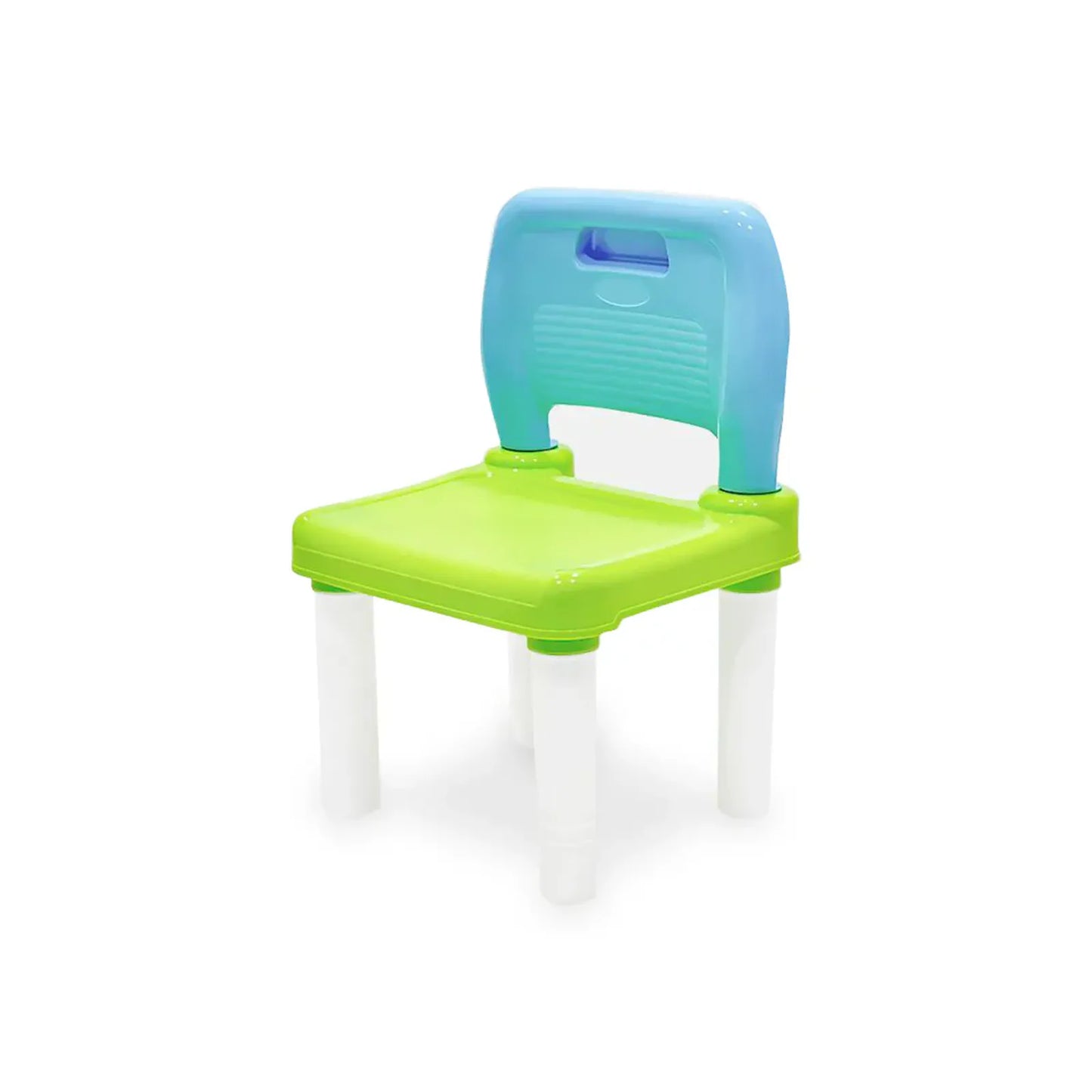 Children's chair with green seat and blue backrest on a white background
