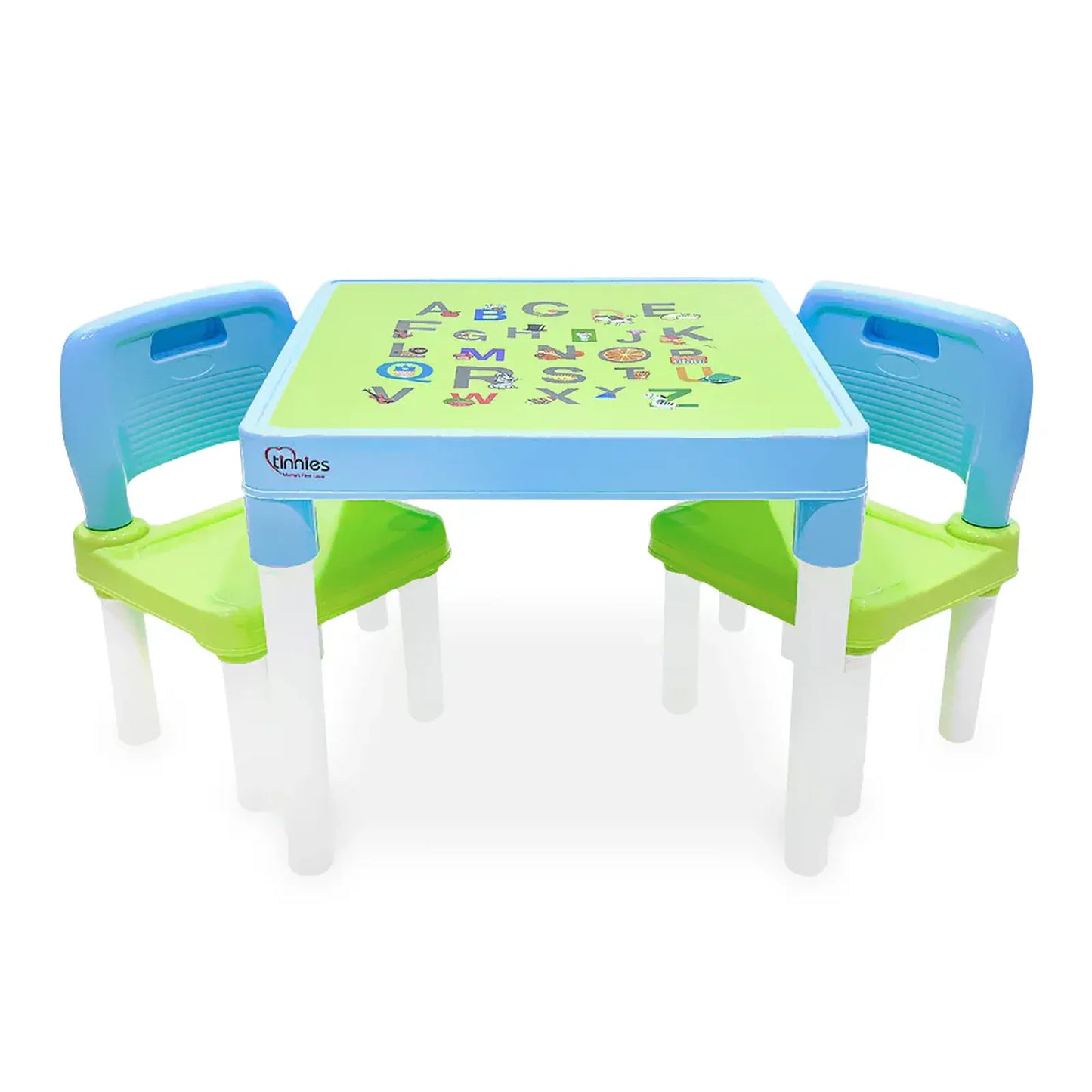 Children's table and chairs set with alphabet design on a white background