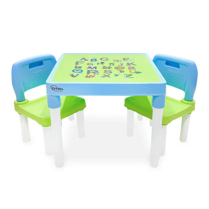 Children's table and chairs set with alphabet design on a white background