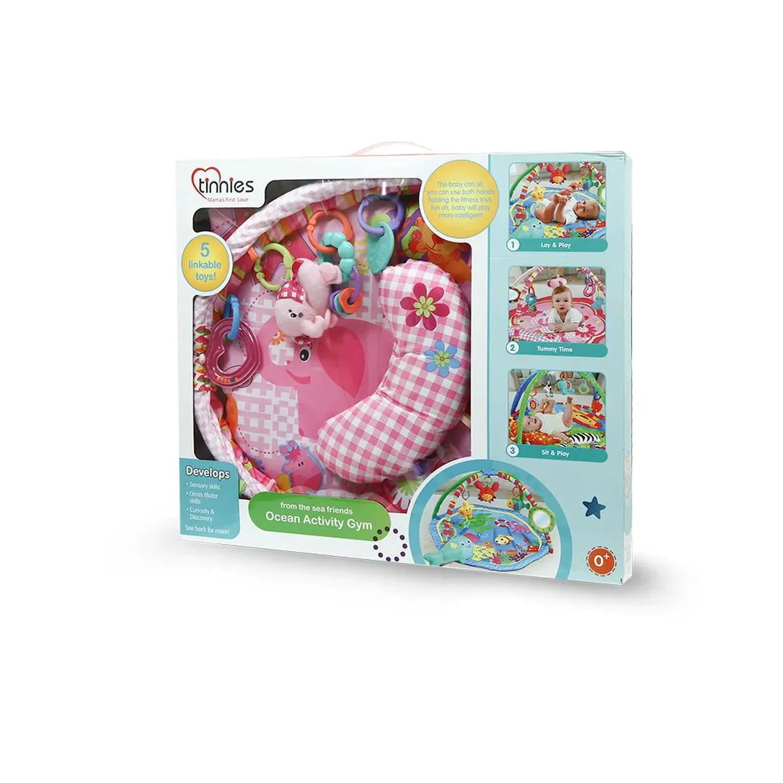 Tiddlems baby product packaging with pink checkered item and colorful graphics on a white background
